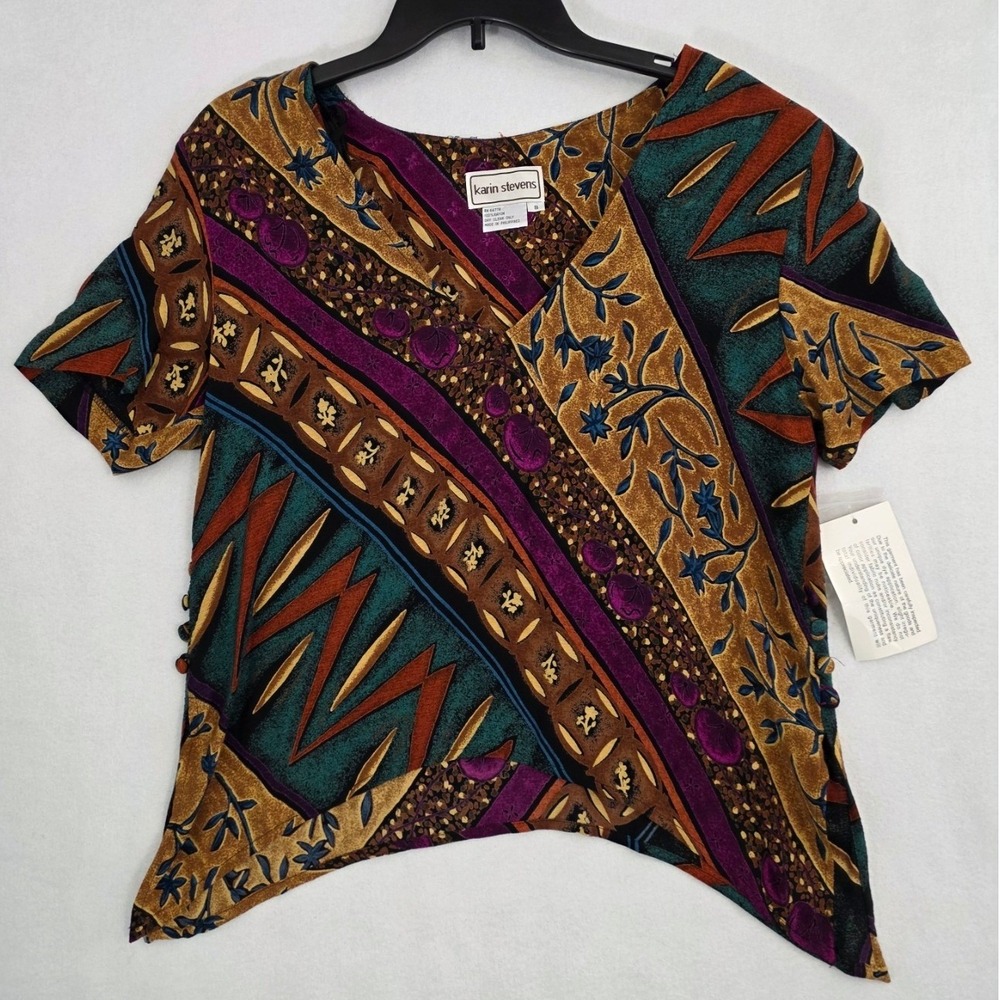Karin Stevens Vintage Abstract Print Blouse 8 Multi Rayon Asymmetric Boho Y2K